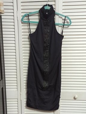 "Foxy Jeans" Black Halter Midi Dress with Beaded Front Panel